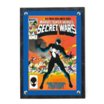 Photograph of the Crafti Comics Flex Frame for modern sized comic books with stained wood backing and blue paper mat, with 99% museum-quality UV-protection available. Crafti's laser-cut layered designs provide depth without creating pressure.